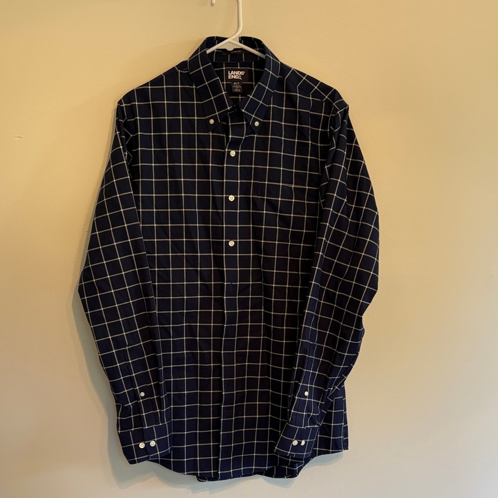 Lands' End Men's Navy Plaid Button Down Shirt